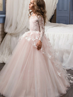 Blumenmädchen Kleider Prinzessin Rosa Abendkleider für Hochzeit bodenlang mit Rundkragen Hochzeit Tüll Langarm kleid blumenmädchen und Schnürung