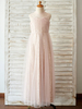 Blumenmädchen Kleider Prinzessin Rosa Abendkleider für Hochzeit bodenlang mit Rundkragen und Pailletten bestickt ärmellos kleid blumenmädchen