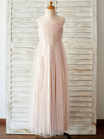 Blumenmädchen Kleider Prinzessin Rosa Abendkleider für Hochzeit bodenlang mit Rundkragen und Pailletten bestickt ärmellos kleid blumenmädchen