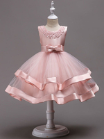 Blumenmädchen Kleider Prinzessin Rosa Abendkleider für Hochzeit knielang mit Rundkragen Hochzeit Satingewebe ärmellos kleid blumenmädchen