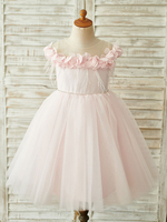 Blumenmädchen Kleider Prinzessin Rosa Abendkleider für Hochzeit knielang mit Rundkragen Hochzeit Satingewebe ärmellos kleid blumenmädchen