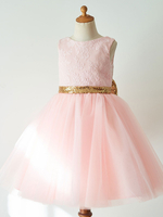 Blumenmädchen Kleider Prinzessin Rosa Abendkleider für Hochzeit knielang mit Rundkragen Hochzeit Tüll ärmellos kleid blumenmädchen