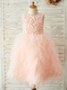 Blumenmädchen Kleider Prinzessin Rosa Abendkleider für Hochzeit knielang mit Rundkragen Hochzeit Tüll ärmellos kleid blumenmädchen