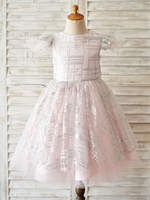 Blumenmädchen Kleider Prinzessin Rosa Abendkleider für Hochzeit knielang mit Rundkragen und Pailletten bestickt Kurzarm kleid blumenmädchen