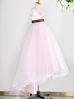 Blumenmädchen Kleider Prinzessin Rosa Abendkleider für Hochzeit mit Schleppe und Rundkragen Hochzeit Satingewebe ärmellos kleid blumenmädchen 15cm