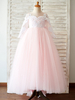 Blumenmädchen Kleider Prinzessin Rosa Abendkleider für Hochzeit mit Schleppe und Rundkragen Hochzeit Tüll Langarm kleid blumenmädchen