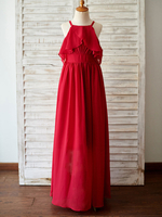 Blumenmädchen Kleider Prinzessin Rot Abendkleider für Hochzeit bodenlang viereckiger Ausschnitt Chiffon ärmellos kleid blumenmädchen