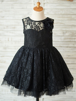 Blumenmädchen Kleider Prinzessin Schwarz Abendkleider für Hochzeit knielang mit Rundkragen Hochzeit Spitze ärmellos kleid blumenmädchen