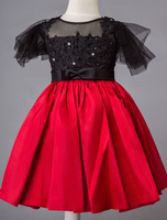 Blumenmädchen Kleider Prinzessin Schwarz Abendkleider für Hochzeit mit Rundkragen Satingewebe Hochzeit Kurzarm und Reißverschluss kleid blumenmädchen
