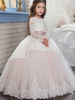 Blumenmädchen Kleider Prinzessin Weiß Abendkleider für Hochzeit bodenlang mit Rundkragen Hochzeit Tüll Langarm kleid blumenmädchen und Schnürung