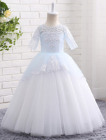 Blumenmädchen Kleider Prinzessin Weiß Abendkleider für Hochzeit Kleine Mädchens festliche Kleider bodenlang mit Rundkragen Hochzeit Tüll 1/2 Ärmel