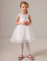 Blumenmädchen Kleider Prinzessin Weiß Abendkleider für Hochzeit knielang mit Rundkragen Hochzeit Organza ärmellos kleid blumenmädchen