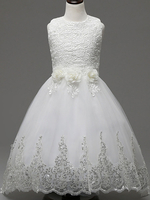 Blumenmädchen Kleider Prinzessin Weiß Abendkleider für Hochzeit mit Schleppe und Rundkragen Hochzeit Tüll ärmellos kleid blumenmädchen