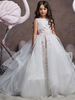Blumenmädchen Kleider Prinzessin Weiß Abendkleider für Hochzeit mit Schleppe und Rundkragen Hochzeit Tüll ärmellos kleid blumenmädchen