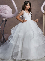 Blumenmädchen Kleider Prinzessin Weiß Abendkleider für Hochzeit mit Schleppe V-Ausschnitt Hochzeit Tüll ärmellos kleid blumenmädchen