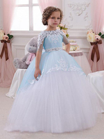 Blumenmädchen Kleider Prom- Babyblau Abendkleider für Hochzeit knöchellang mit Rundkragen Hochzeit Tüll 1/2 Ärmel kleid blumenmädchen Knöpfe
