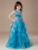 Blumenmädchen Kleider Prom- Blaugrün Abendkleider für Hochzeit Kleinkinder Festkleider bodenlang mit Halter Hochzeit Organza ärmellos