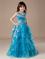 Blumenmädchen Kleider Prom- Blaugrün Abendkleider für Hochzeit Kleinkinder Festkleider bodenlang mit Halter Hochzeit Organza ärmellos