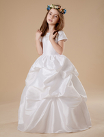 Blumenmädchen Kleider Prom- Elfenbeinfarbe Abendkleider für Hochzeit bodenlang mit Rundkragen Satingewebe Kurzarm kleid blumenmädchen