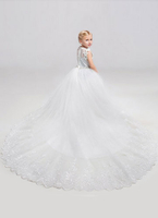 Blumenmädchen Kleider Prom- Elfenbeinfarbe Abendkleider für Hochzeit Mit Schleppe mit Rundkragen Tüll ärmellos kleid blumenmädchen