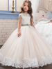 Blumenmädchen Kleider Prom- Nude Tönen Abendkleider für Hochzeit knöchellang mit Rundkragen Hochzeit Tüll ärmellos kleid blumenmädchen Knöpfe