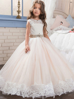 Blumenmädchen Kleider Prom- Nude Tönen Abendkleider für Hochzeit knöchellang mit Rundkragen Hochzeit Tüll ärmellos kleid blumenmädchen Knöpfe