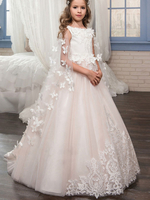 Blumenmädchen Kleider Prom- Weiß Abendkleider für Hochzeit bodenlang mit Rundkragen Hochzeit Tüll ärmellos kleid blumenmädchen und Reißverschluss