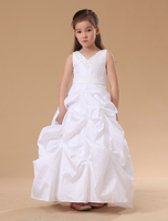 Blumenmädchen Kleider Prom- Weiß Abendkleider für Hochzeit bodenlang V-Ausschnitt Hochzeit Satingewebe ärmellos kleid blumenmädchen