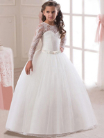 Blumenmädchen Kleider Prom- Weiß Abendkleider für Hochzeit Mädchen Abendmode & Festliche Kleider bodenlang mit Rundkragen Hochzeit Tüll Langarm