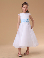 Blumenmädchen Kleider Prom- Weiß Abendkleider für Hochzeit Mädchenbekleidung wadenlang mit Rundkragen Hochzeit Satingewebe ärmellos