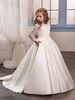 Blumenmädchen Kleider Prom- Weiß Abendkleider für Hochzeit Mit Schleppe mit Rundkragen Hochzeit Satingewebe Langarm kleid blumenmädchen