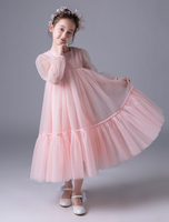 Blumenmädchen Kleider Rosa Abendkleider für Hochzeit gemischten Baumwollen Langarm Prinzessin Hochzeit mit Rundkragen kleid blumenmädchen wadenlang