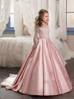 Blumenmädchen Kleider Rosa Abendkleider für Hochzeit Satingewebe Langarm Prinzessin Hochzeit mit Rundkragen kleid blumenmädchen Mit Schleppe Knöpfe