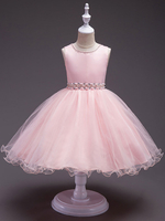 Blumenmädchen Kleider Rosa Abendkleider für Hochzeit Satingewebe ärmellos Prinzessin Hochzeit mit Rundkragen kleid blumenmädchen knielang