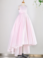 Blumenmädchen Kleider Rosa Abendkleider für Hochzeit Satingewebe ärmellos Prinzessin Hochzeit mit Rundkragen kleid blumenmädchen und Schleppe