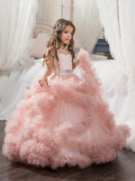 Blumenmädchen Kleider Rosa Abendkleider für Hochzeit Tüll Kurzarm Prom- Hochzeit mit Rundkragen kleid blumenmädchen knöchellang und Schnürung