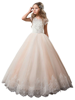 Blumenmädchen Kleider Rosa Abendkleider für Hochzeit Tüll Kurzarm Prom- Hochzeit V-Ausschnitt kleid blumenmädchen knöchellang Knöpfe