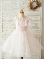 Blumenmädchen Kleider Rosa Abendkleider für Hochzeit Tüll ärmellos Prinzessin Hochzeit mit Rundkragen kleid blumenmädchen knielang und Reißverschluss