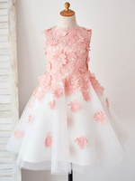 Blumenmädchen Kleider Rosa Abendkleider für Hochzeit Tüll ärmellos Prinzessin Hochzeit mit Rundkragen kleid blumenmädchen knielang und Reißverschluss