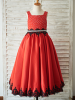 Blumenmädchen Kleider Rot Abendkleider für Hochzeit Satingewebe ärmellos Prinzessin Hochzeit viereckiger Ausschnitt kleid blumenmädchen bodenlang