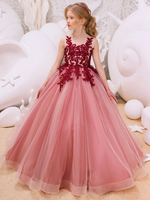 Blumenmädchen Kleider Rot Abendkleider für Hochzeit Tüll ärmellos Prinzessin Hochzeit mit Rundkragen kleid blumenmädchen bodenlang und Schnürung