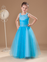 Blumenmädchen Kleider Wasserblau Abendkleider für Hochzeit Tüll ärmellos A-Linie- Hochzeit viereckiger Ausschnitt kleid blumenmädchen bodenlang