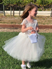 Blumenmädchen Kleider Weiß Abendkleider für Hochzeit gemischten Baumwollen Kurzarm A-Linie- Hochzeit mit Rundkragen kleid blumenmädchen knöchellang
