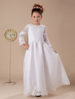 Blumenmädchen Kleider Weiß Abendkleider für Hochzeit Organza Langarm A-Linie- Hochzeit mit Rundkragen kleid blumenmädchen bodenlang