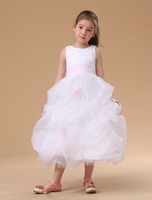 Blumenmädchen Kleider Weiß Abendkleider für Hochzeit Organza ärmellos A-Linie- Hochzeit mit Rundkragen kleid blumenmädchen wadenlang