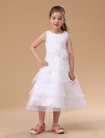 Blumenmädchen Kleider Weiß Abendkleider für Hochzeit Organza ärmellos A-Linie- Hochzeit mit Rundkragen kleid blumenmädchen wadenlang