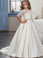 Blumenmädchen Kleider Weiß Abendkleider für Hochzeit Satingewebe 1/2 Ärmel Prom- Hochzeit mit Rundkragen kleid blumenmädchen Mit Schleppe