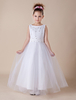Blumenmädchen Kleider Weiß Abendkleider für Hochzeit Satingewebe ärmellos A-Linie- Hochzeit mit Rundkragen kleid blumenmädchen knöchellang