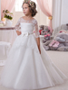 Blumenmädchen Kleider Weiß Abendkleider für Hochzeit Tüll 1/2 Ärmel Prinzessin Hochzeit mit Rundkragen kleid blumenmädchen Mit Schleppe und Schnürung
