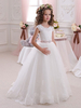 Blumenmädchen Kleider Weiß Abendkleider für Hochzeit Tüll Kurzarm Prinzessin Hochzeit mit Rundkragen kleid blumenmädchen bodenlang und Reißverschluss